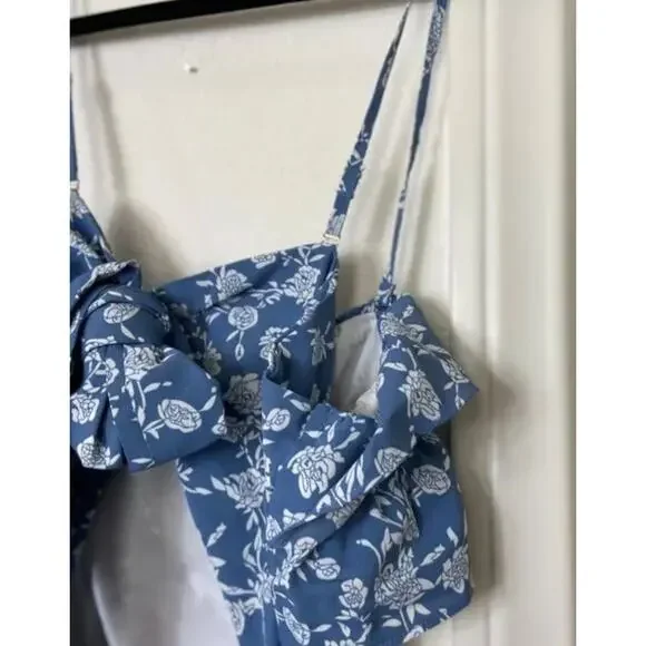 NWT Blue White Floral Spaghetti Strap Flowy Wide Leg Pantsuit Jumper Jumpsuit XL - Picture 7 of 16